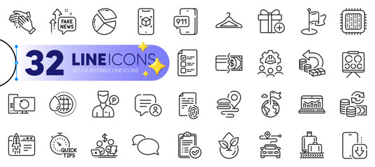 Outline set of Chat bubble, Engineering team and Cloakroom line icons for web with Clapping hands, Fingerprint, Payment methods thin icon. Baggage reclaim, Destination flag. Vector