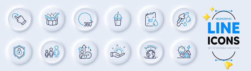 Greenhouse, Diesel canister and Rotation gesture line icons for web app. Pack of 360 degrees, Sunny weather, Drums pictogram icons. Petrol station, Difficult stress, Shield signs. Vector