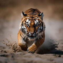 Obraz premium detailed portrait of the tiger animal running, preying, chasing, generative ai