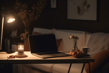 Close-up of a workstation with laptop mockup and decorations on a tabletop over a blurred cozy living room at night. Generative AI