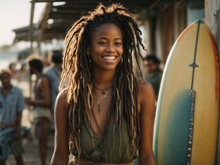 Portrait of a smiling African American female with dreadlocks surfer with a surfboard in the background - Powered by Adobe