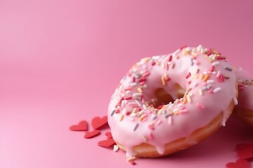Obraz na płótnie Canvas Valentine's day greeting with heart-shaped donut on pink background. Generative AI