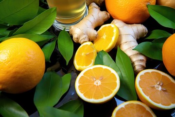 high angle view of a ginger shot among citrus fruits