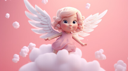 3D cute cartoon angel with wings and clouds. - obrazy, fototapety, plakaty