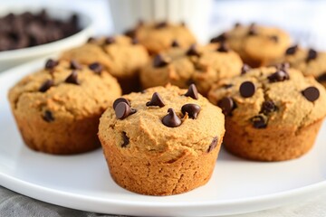 closeup of chocolate chip gluten-free muffins on a white plate