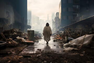 Jesus walking in a destroyed city after some king of disaster, religion and apocalypse concept
