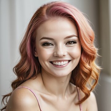Young beautiful woman with pink and red hair smiling