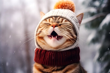 cat sneezes, Funny cat in a knitted hat