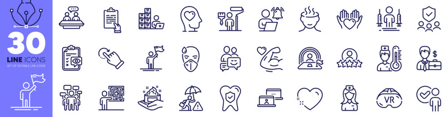 Painter, Communication and Inventory line icons pack. Leadership, Voting campaign, Outsource work web icon. Human rating, Thermometer, Hospital nurse pictogram. Mental health, Clipboard. Vector