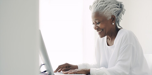 portrait of an l elderly black woman with long grey and white hair, working with computer pc