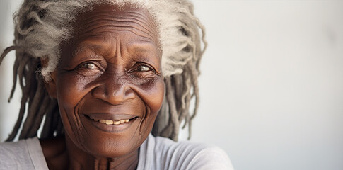 portrait of a beautiful elderly black  woman with long white grey  hair, dressed white and light...