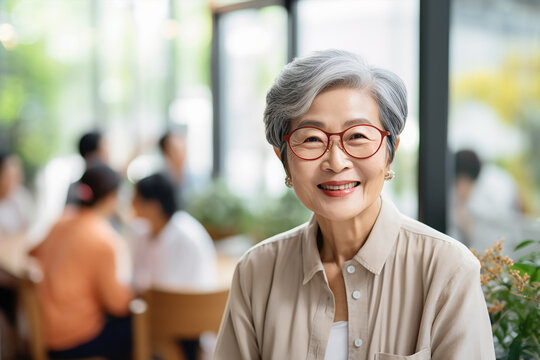 portrait of senior asian woman with grey short hair smiling posing on camera indoor
