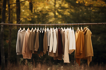 clothes hanging on a clothesline outdoor, with foliage background ,autumn colors