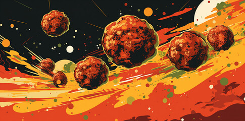 meatballs falling in an imaginary sky illustration - obrazy, fototapety, plakaty