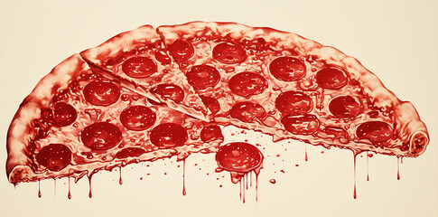 slices of pizza with salami pepperoni illustration, red and white retro vintage colors