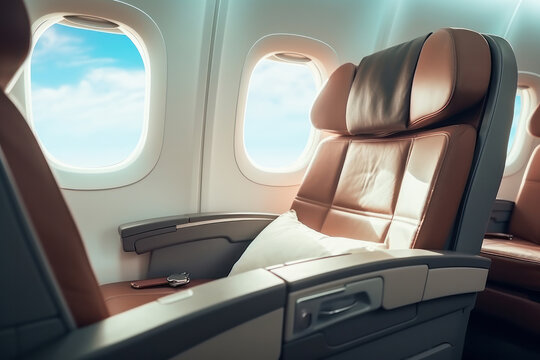 Unwind in a premium cabin onboard an aircraft. Empty seats by the window and a captivating aerial view. Travel redefined is AI Generative.
