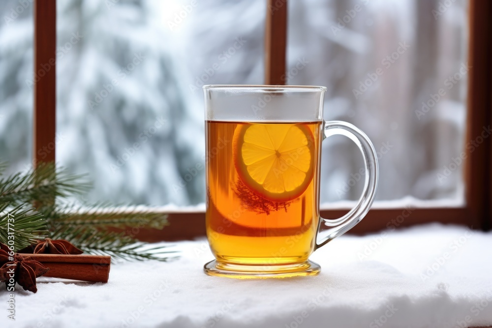 Canvas Prints profile shot of a hot toddy with a snowy window backdrop