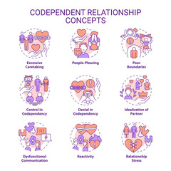 2D editable icons set representing codependent relationship concepts, isolated vector, thin line colorful illustration.