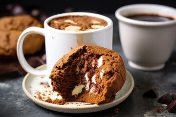 a hot chocolate mug with a half-eaten chocolate chip cookie next to it