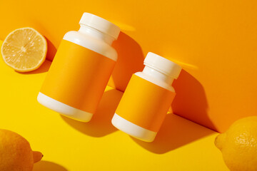 Vitamin C biosupplement, bottle on a light background.