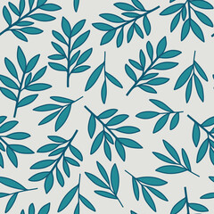 Blue brunches seamless pattern. Hand drawn repeat twigs with leaves on light gray background. Delicate botanical allover print. Leafs raster endless backdrop