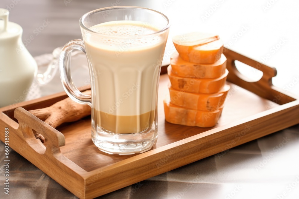 Poster sweet potato latte in a clear glass on a wooden tray