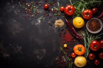 Kitchen Board Vegetables And Spices, copy space, top view, dark background, generative ai