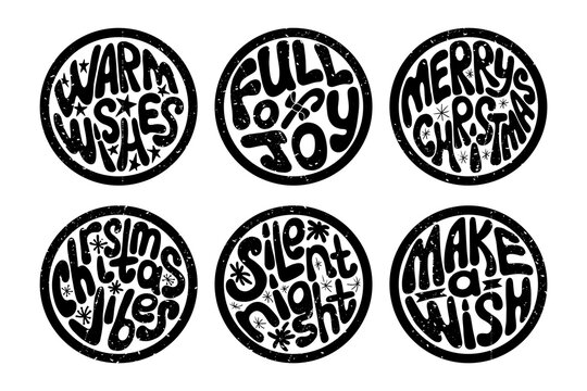 Grunge Christmas groovy round stamps with scratches. Typographic flat isolated stickers or printouts with grunge texture. Winter holidays slogans. Ideal for t shirt print, decoration