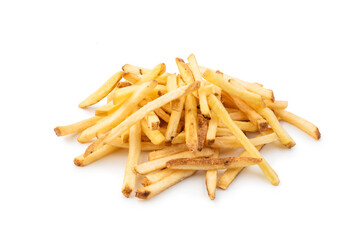 French fries pile on white background.