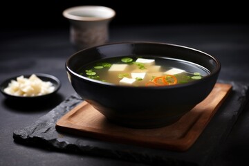 white bowl of miso soup on a dark stone table