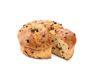 Panettone, traditional italian christmas cake with slice on transparent background. PNG image.