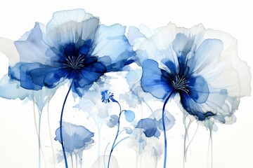Abstract artwork of two overlaid watercolor blue flowers. Generative AI