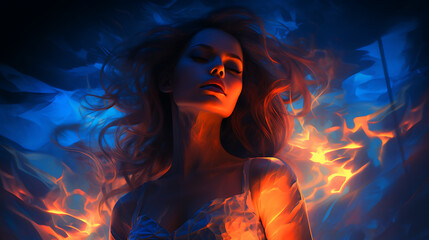 Desire Concept: Woman Under Blue Light and Flames