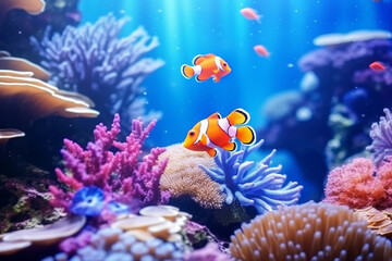 Naklejka na ściany i meble Tropical sea underwater anemon fishes on coral reef. Aquarium oceanarium wildlife