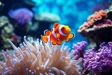 Naklejka na ściany i meble Tropical sea underwater anemon fishes on coral reef. Aquarium oceanarium wildlife