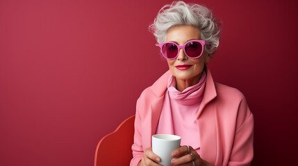 Trendy Elderly Woman Holding Coffee