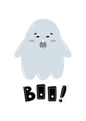 Party halloween postcard for kids. Happy halloween. Boo. Cute bored ghost for children party invitations