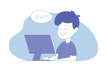 Smiling Boy First Grader Sitting at Desk in Front of Computer Having Online Lesson Vector Illustration