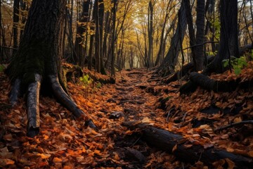leaf-strewn trail in a dense autumn forest