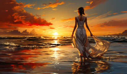 Fototapeta na wymiar A woman enjoying a peaceful sunset walk along the beach. A painting of a woman walking on the beach at sunset
