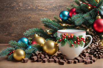 Christmas decorations, chocolate and a cup of cocoa on the background of a wooden wall