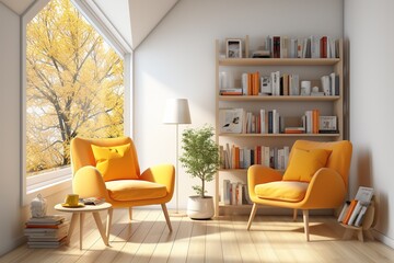 3d picture of modern yellow chair inside room with light from window