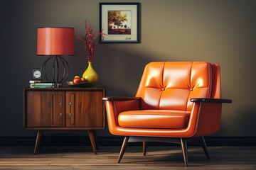 3d picture of dark orange sofa with small wooden cabinet with lamp inside dark room