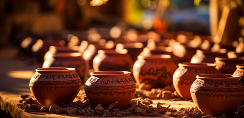 Various pots arranged on the ground. A bunch of pots that are sitting on the ground - Powered by Adobe