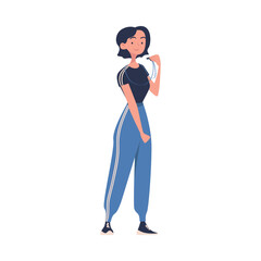 Young Woman Teacher Character in Sportswear Standing with Whistle and Teaching Sport Education Vector Illustration