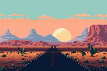 Desert road pixel. Sunset retro view of nature sky. Generate Ai - obrazy, fototapety, plakaty