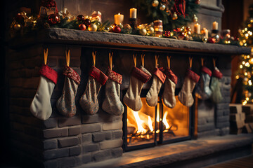 Fototapeta na wymiar Christmas socks with gifts on fireplace in living room 