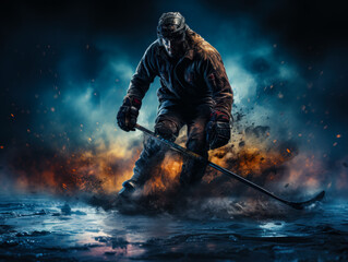 A man playing hockey in the water. A man in a blue jacket is playing ice hockey