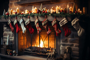 Christmas socks with gifts on fireplace in living room
