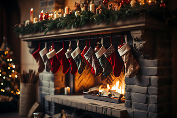 Christmas socks with gifts on fireplace in living room
